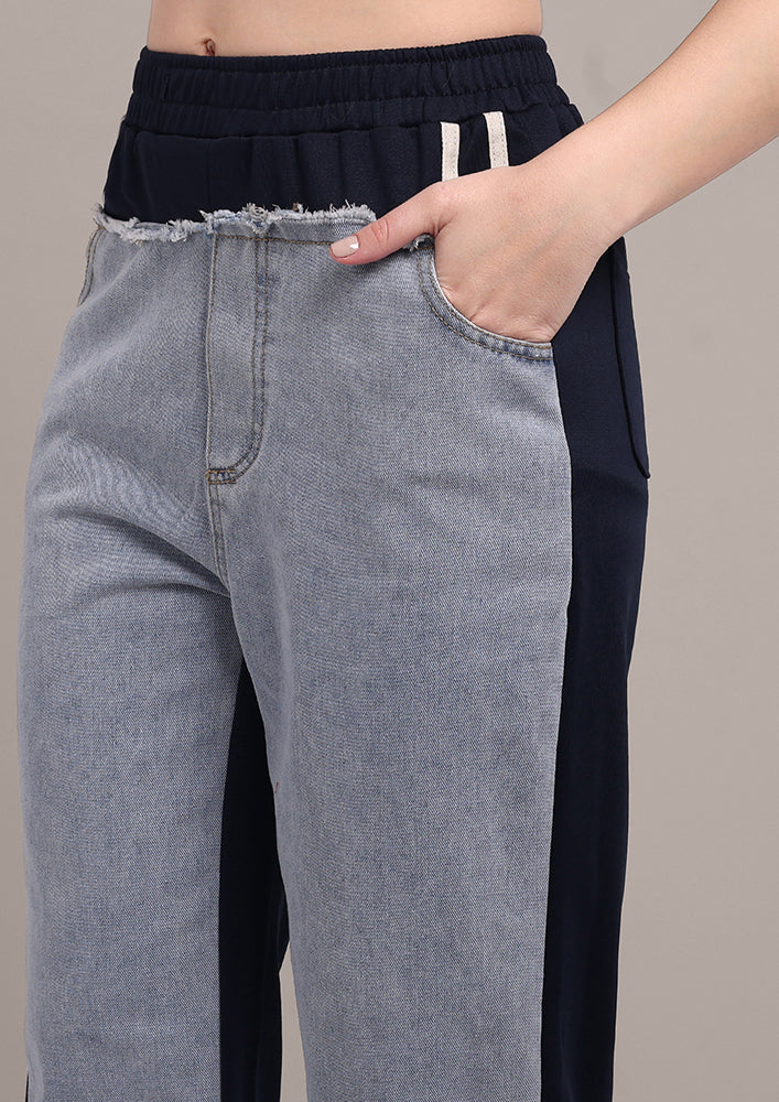 Navy Blue Trousers with Denim Front layer IKI CHIC Private Ltd.