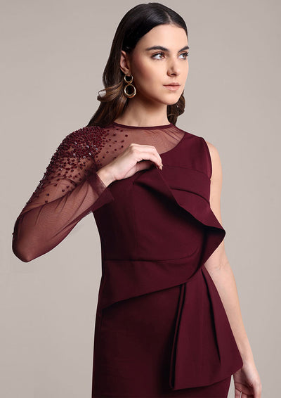 Maroon Scuba Midi Dress with Embellished Net Sleeve