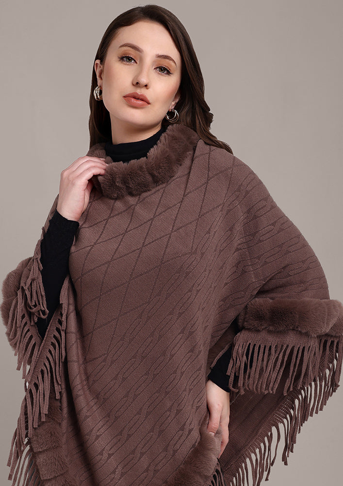 Brown Women's Poncho with Fringed Hem and Fur