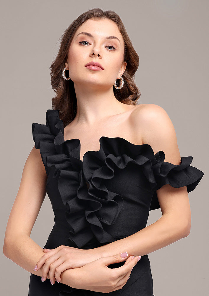 Black One Shoulder Frill Bandage Maxi Dress
