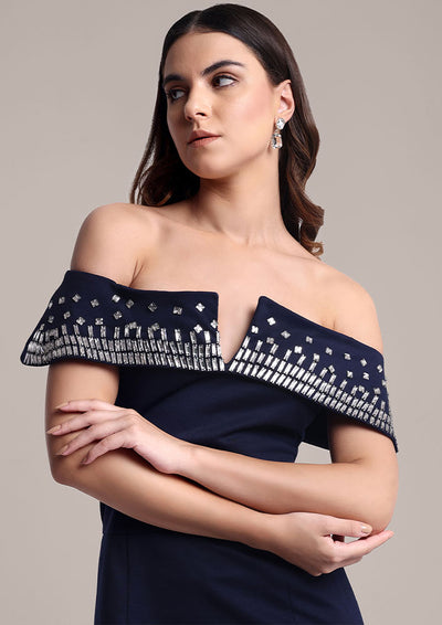 Blue Scuba Off-Shoulder Embellished Dress