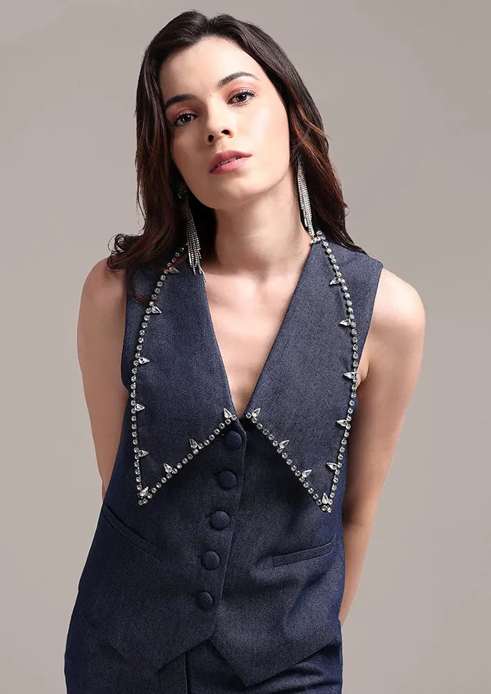 Embellished Lapel Collared Blue Denim Vest With High Waisted Pants Set IKI CHIC Private Ltd