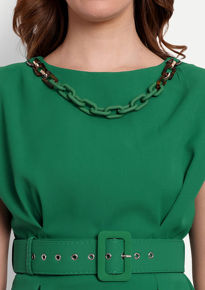 Green Mini Dress With Chain Detailing At Neck And Detachable Belt