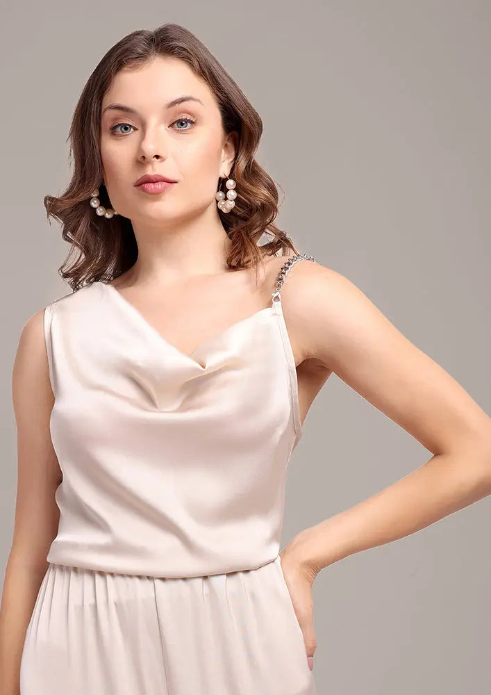 Beige Cowl Neck wide Leg Jumpsuit IKI CHIC Private Ltd