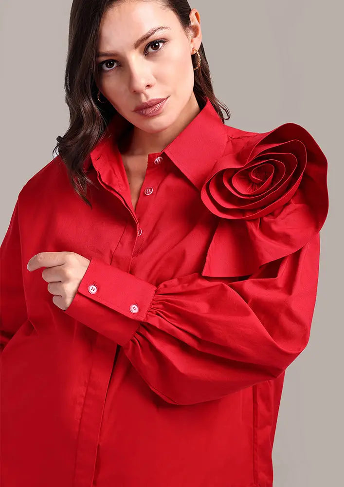 Red Drop Shoulder Shirt With 3D Flower Detail IKI CHIC Private Ltd