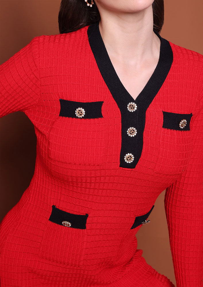 Red Mini Dress with Contrast Trim & Gold Buttons