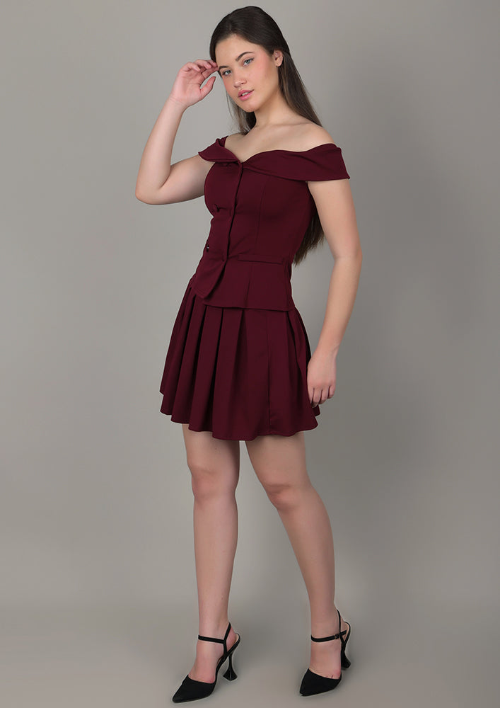 Burgundy Off-Shoulder top with Skirt IKI CHIC Private Ltd.