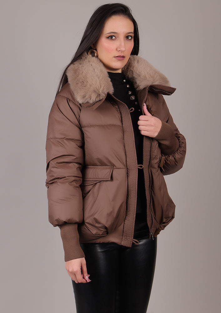 Brown Puffer Jacket With Detachable Fur Collar IKI CHIC Private Ltd.