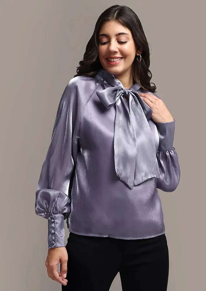 Satin Cuffed Sleeve Neck Tie-up Top IKI CHIC Private Ltd