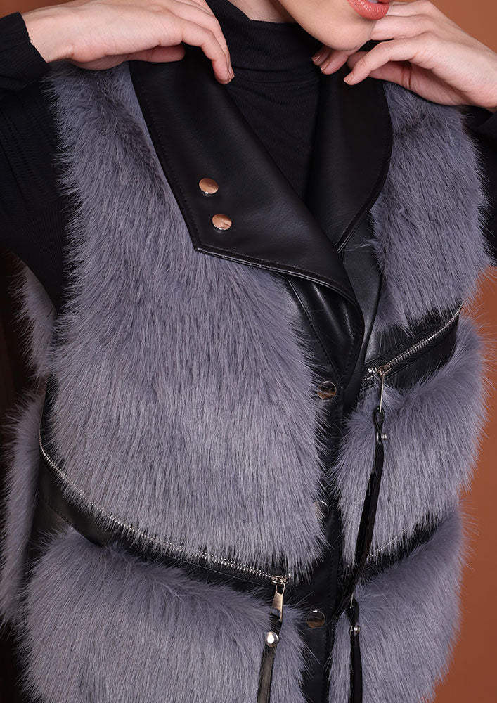 Grey Faux Fur Statement Vest with PU Lapel