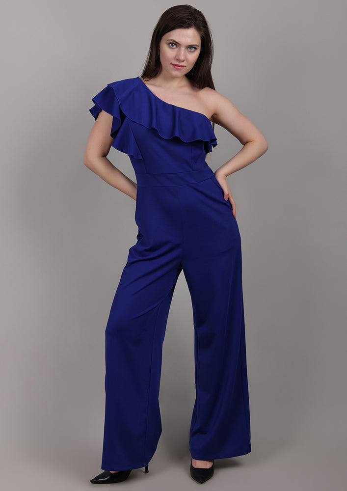 Blue One-Shoulder Jumpsuit with Front Ruffle