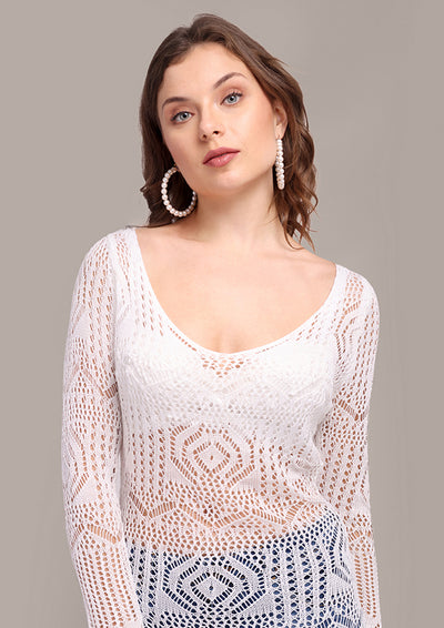 White Knitted Coverup Dress With Belt