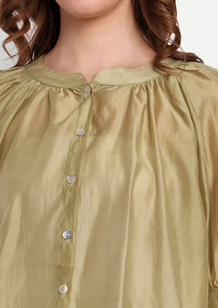 Green Front Button-Up Oversized Top With Puff Raglan Sleeves IKI CHIC Private Ltd