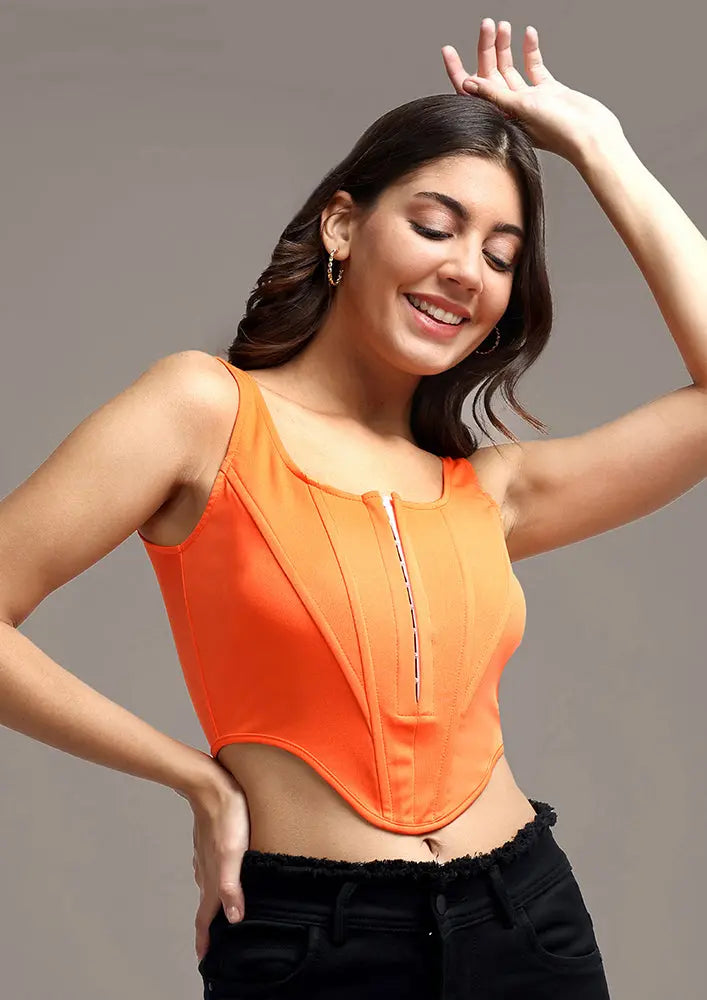Solid Orange Hook & Eye Thick Strap Corset Top IKI CHIC Private Ltd