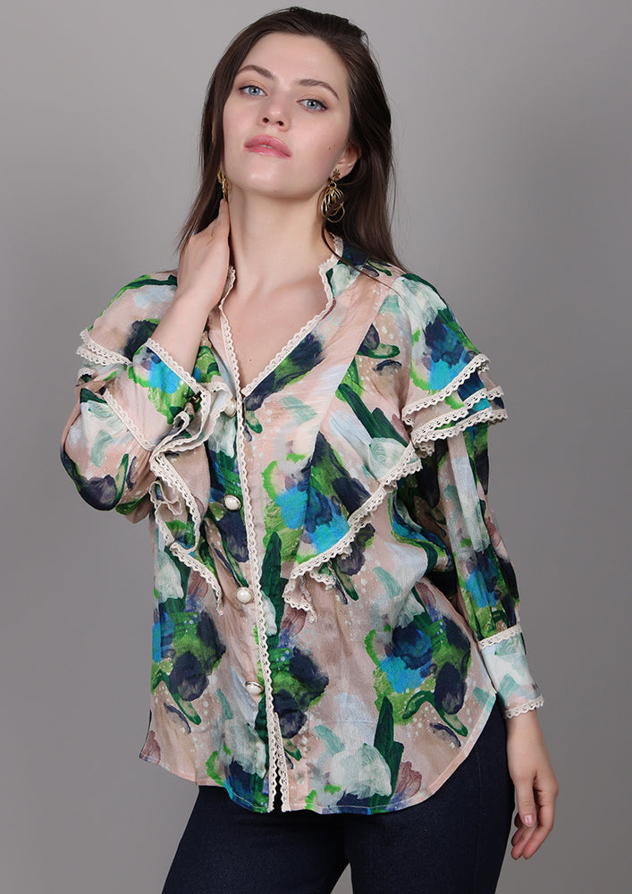 Beige printed chiffon ruffle shirt with lace and pearl buttons