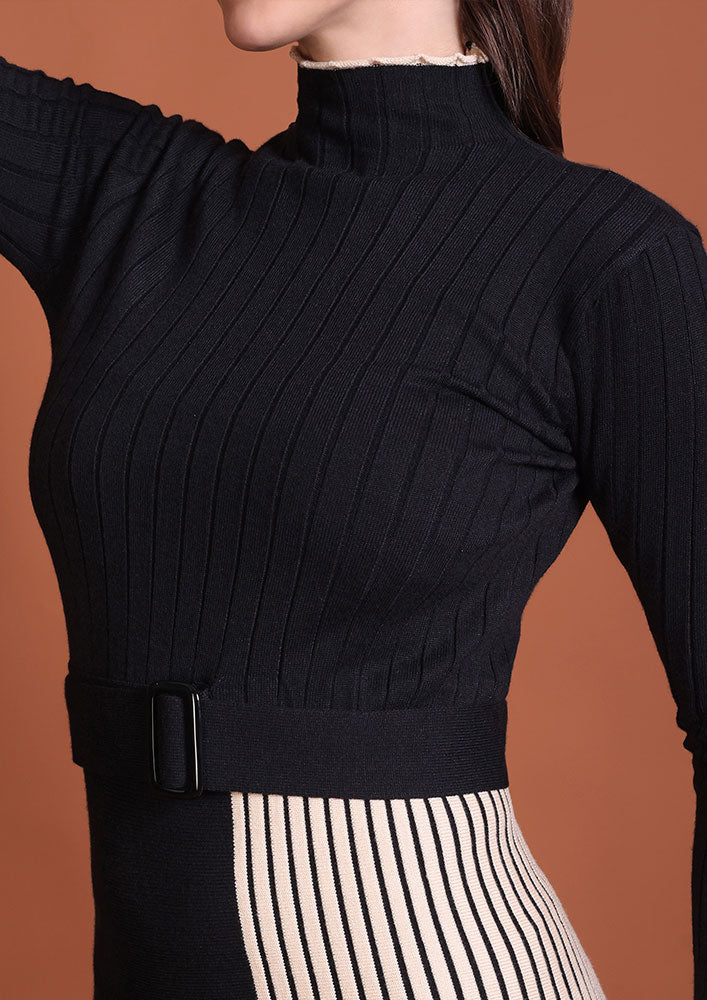 Black Ribbed Knit Mini Dress with Contrast Pleated Panel