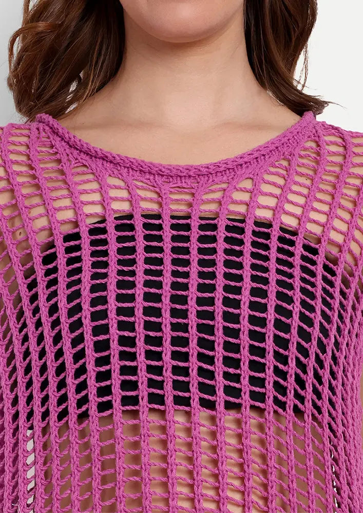 Purple Crochet Beach Coverup With A Boat Neckline And Sleeveless Design IKI CHIC Private Ltd
