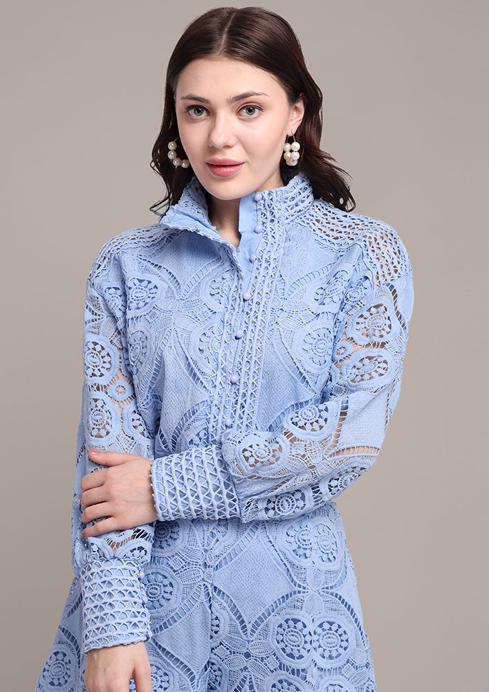 Blue Lace Detail Shirts And Shorts Set