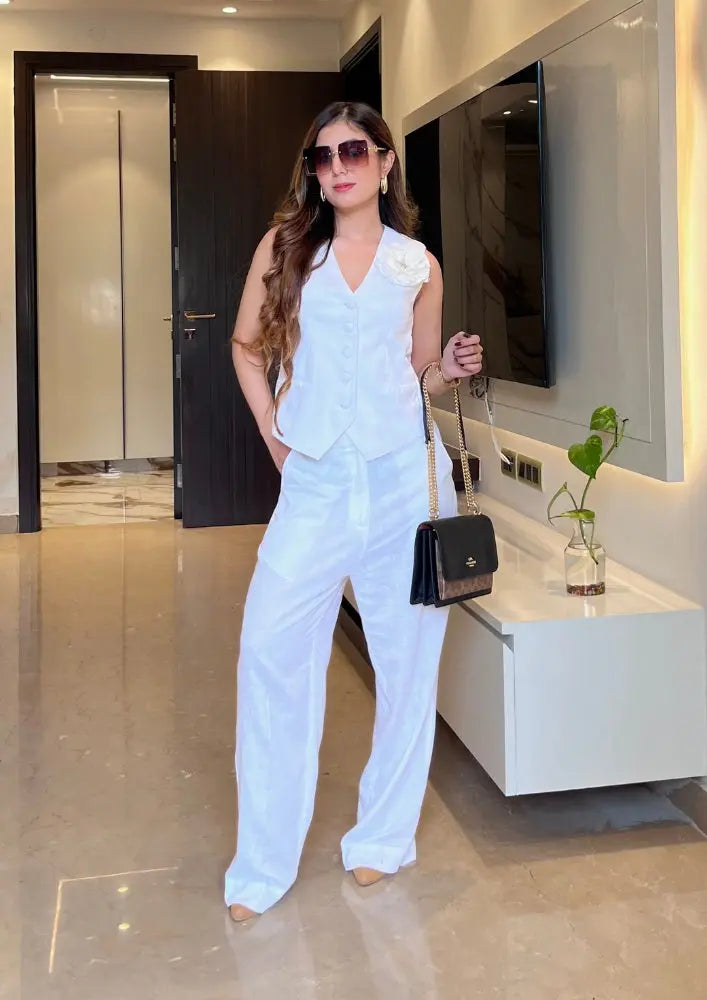White Sleeveless Front Button-Up Vest With High Waisted Pants IKI CHIC Private Ltd