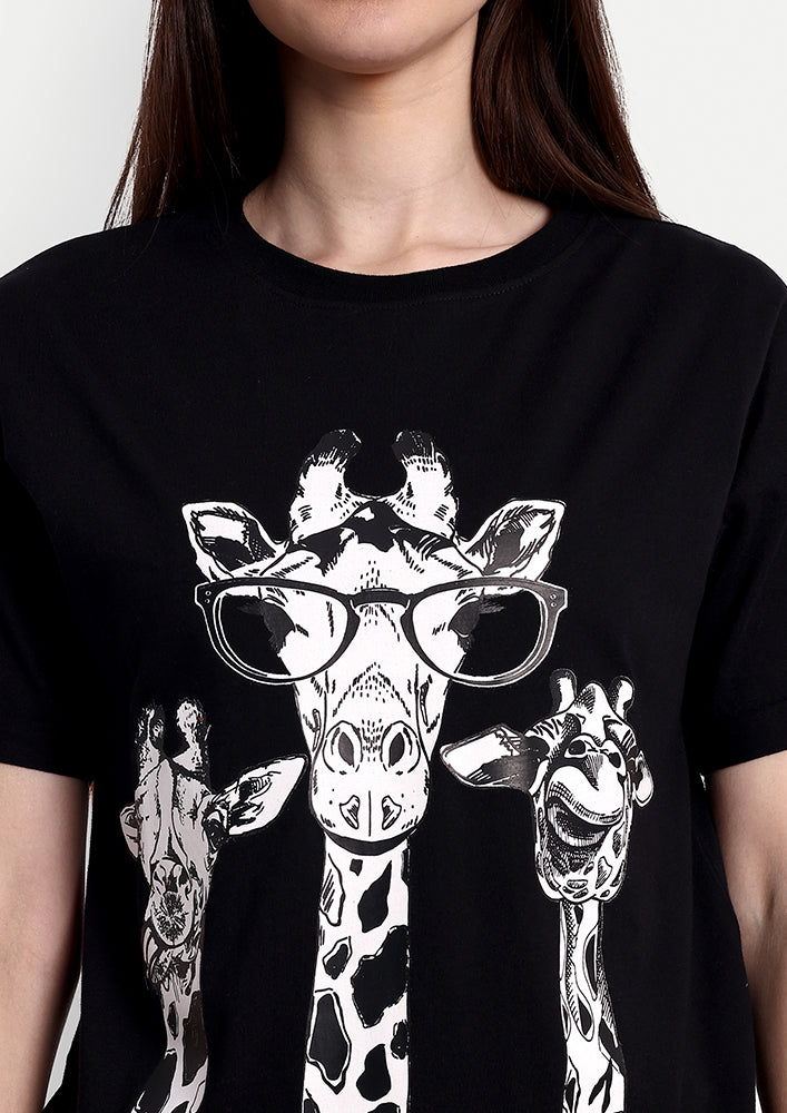 Black Giraffe Print Short Sleeve Regular T-Shirt