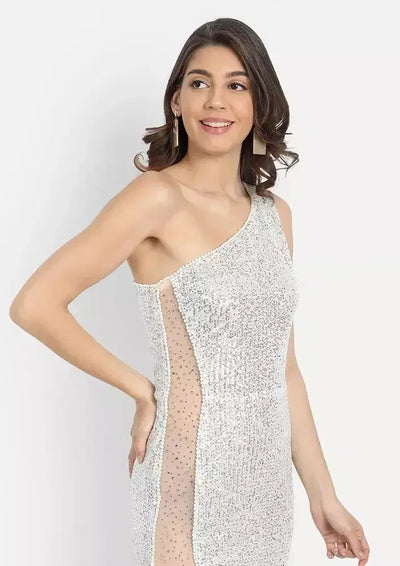 Silver Premium One Shoulder Sequin Gown IKI CHIC Private Ltd.