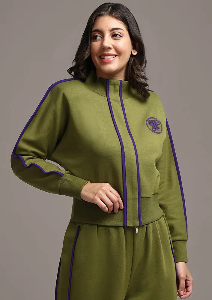 Olive Green Colorblock Jacket with Straight Leg Pants Set IKI CHIC Private Ltd