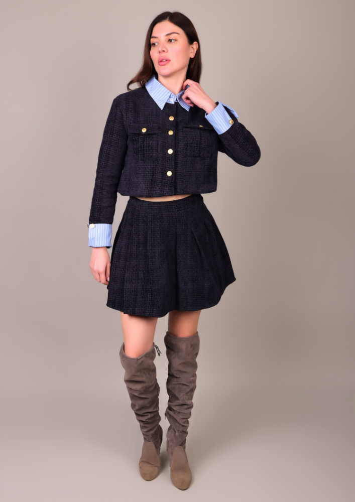 Navy Blue Gold Detail Jacket & High-Waisted Skirt