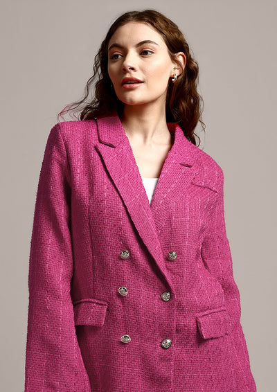 Pink Tweed Double-Breasted Oversized Blazer