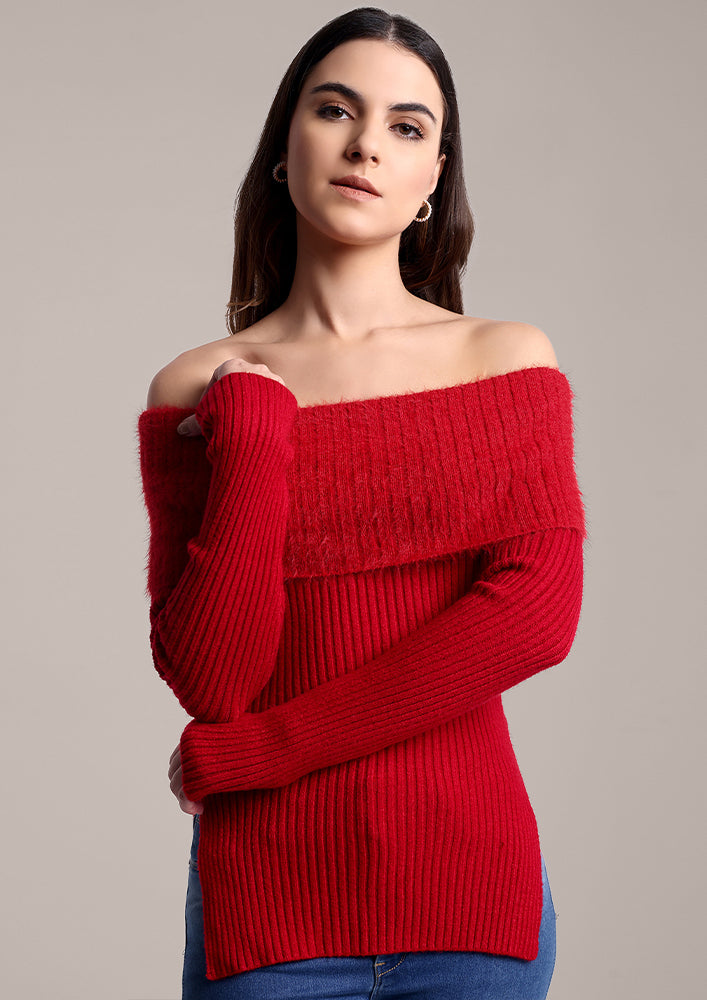 Red Off-Shoulder Sweater with Fur Detail