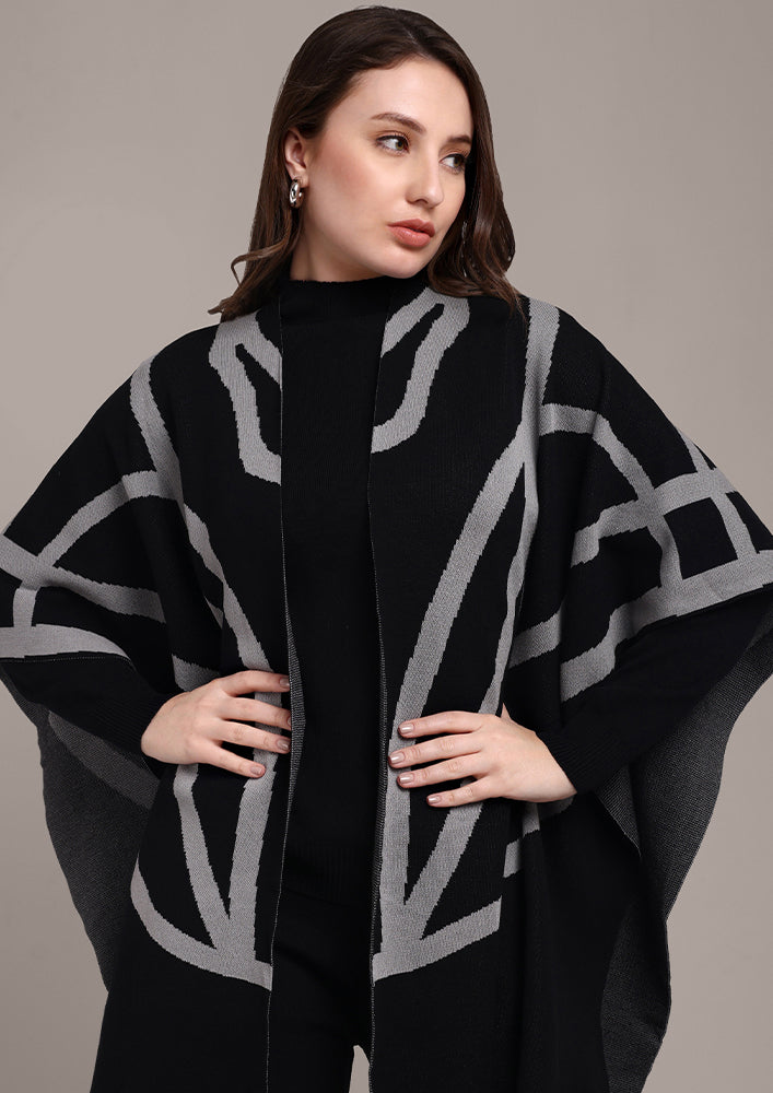 Black Long Sleeve Top With Kaftan Shrug And Pants Set