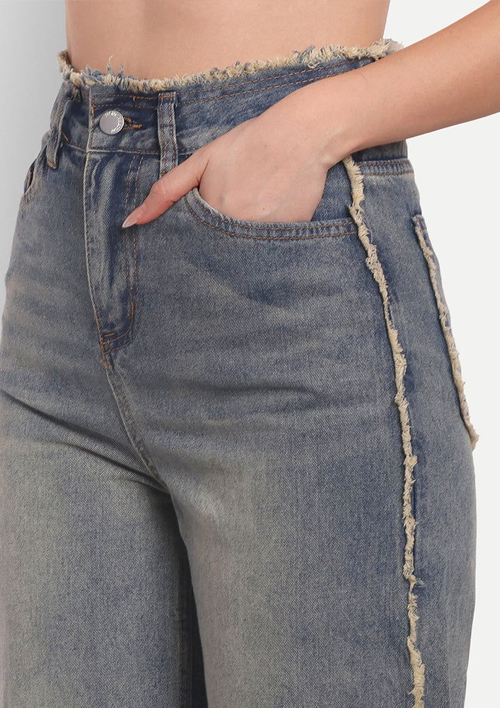 Grey Straight Legged Denim Jeans With Frayed Detailing