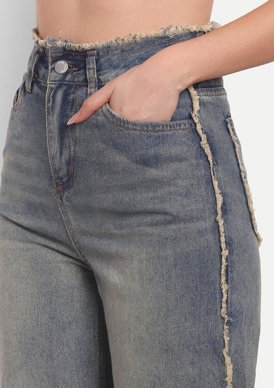 Grey Straight Legged Denim Jeans With Frayed Detailing