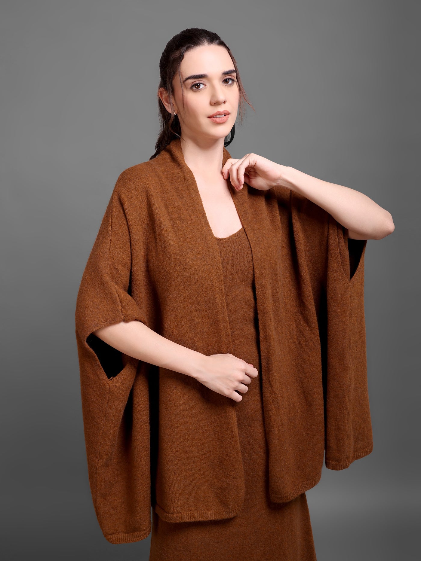 Brown Sleeveless Knit Dress with Matching Cape