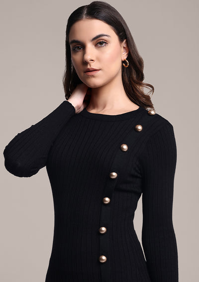 Black Knitted Dress with Side Button Placket