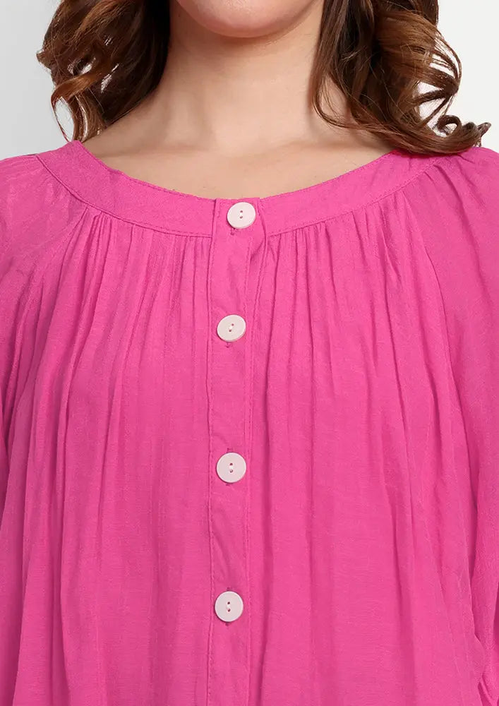 Pink Front Button-Up Shirt With Gather Detailing At Neck And Sleeves IKI CHIC Private Ltd