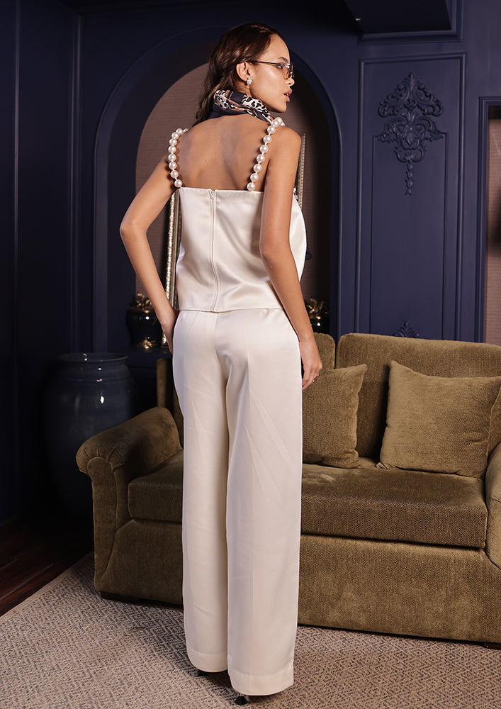 Off-White Satin Pearl Co-ord Set IKI CHIC Private Ltd.