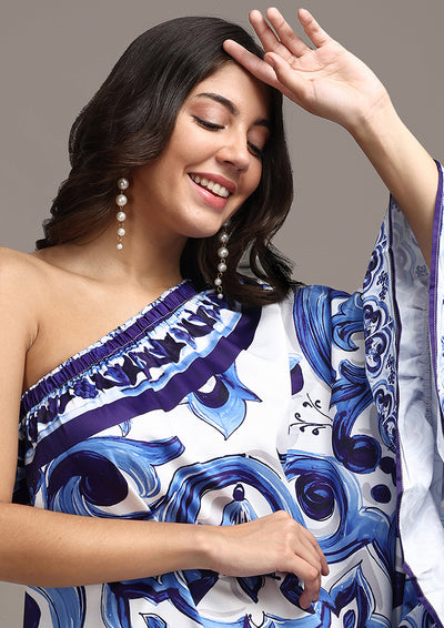 Blue & White Printed One-Shoulder Kaftan Maxi Dress