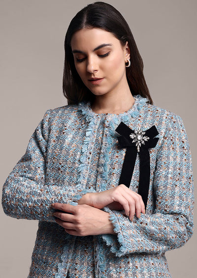 Sky Blue Tweed Dress & Jacket Set with Swarovski Bow Detail