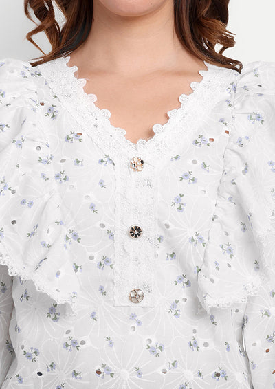 White Floral Printed Schiffli Blouse With V-Neckline With Ruffle Detailing