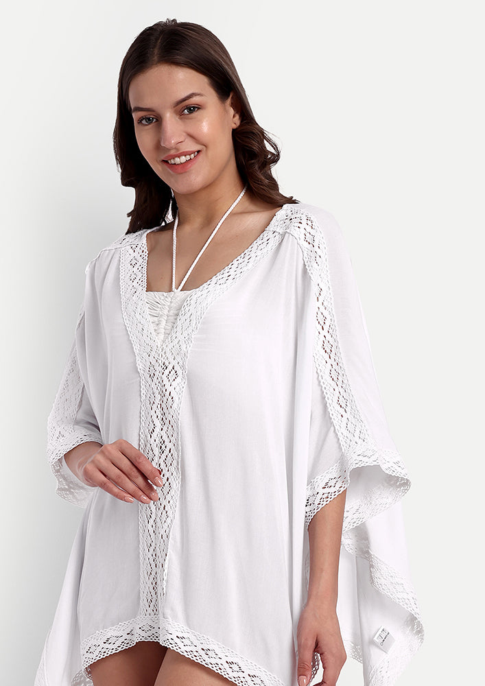 White Lace Detailing Short Beach Kaftan Cover-Up
