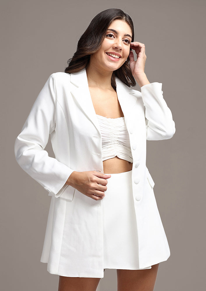White Solid Double Breasted Blazer With Skort Co-ord Set