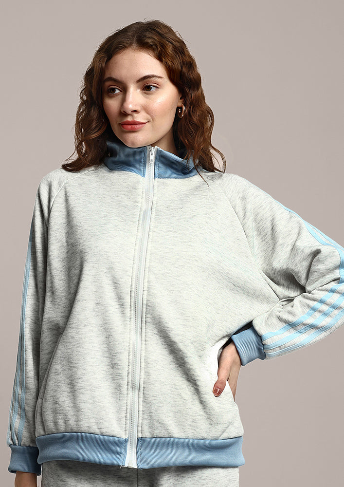 Grey Sweat Jacket and Sweat Pants Set with Side Stripes details