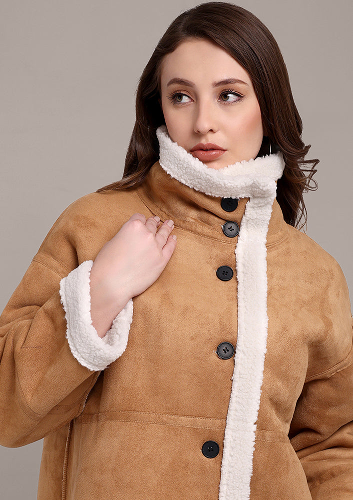 Beige Suede Jacket with Wool Detailing IKI CHIC Private Ltd.