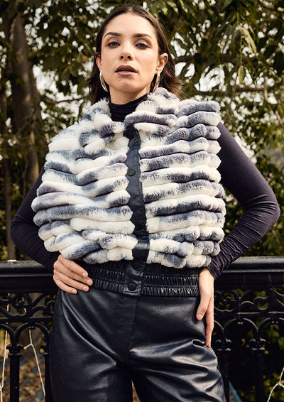 White & Grey Fur Sleeveless Jacket with Leather Detailing