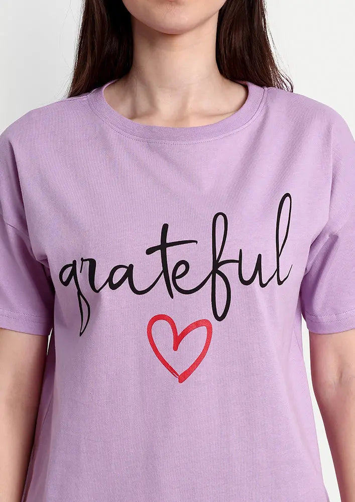 Lavender Grateful Print Short Sleeve T-Shirt IKI CHIC Private Ltd