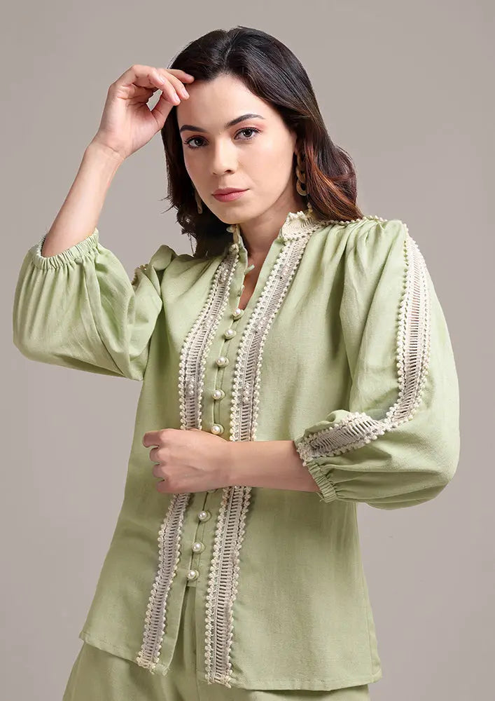 Pastel Green Lace Detailing  Shirt With High Waisted Shorts IKI CHIC Private Ltd
