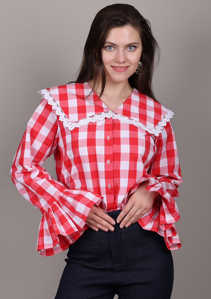 Red and White Check Shirt With Sailor Collar IKI CHIC Private Ltd.