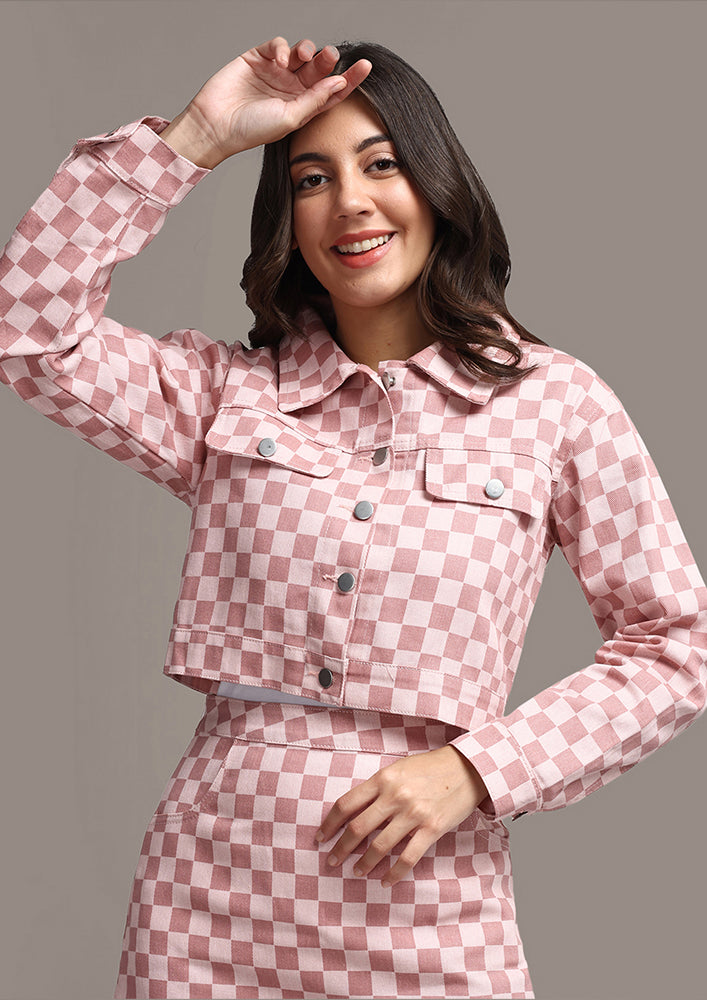 Pink Check Print Crop Jacket And Skirt Co-ord Set