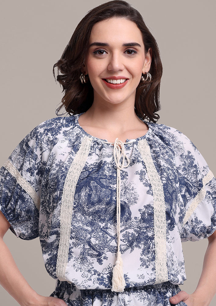 Blue Tree print lace Co-ord Set IKI CHIC Private Ltd.