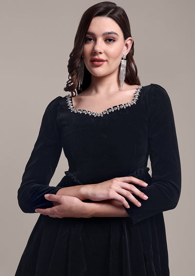 Black Velvet Fit-and-Flare Dress with Embellished Neckline